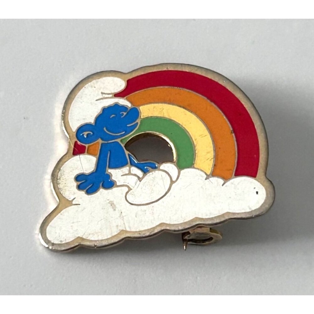 Vintage 1980 Smurfs Rainbow Metal Pin Brooch By Peyo Cloud Retro